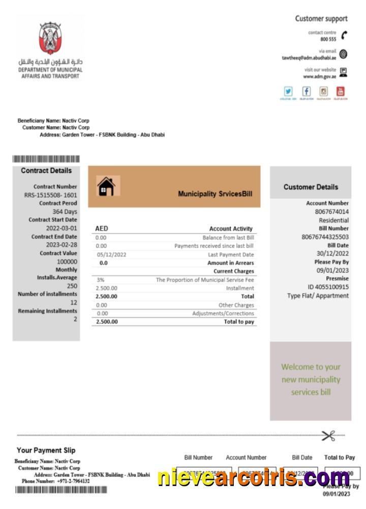 Emirates Abu Dhabi Municipality Service utility business bill